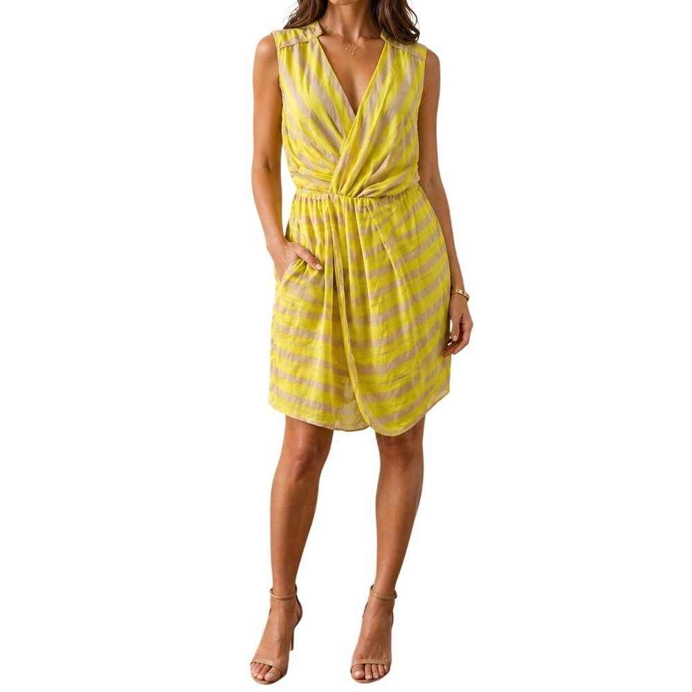 Greylin Yellow Tan Striped Silk Sleeveless Draped Wrap Mini Dress Medium